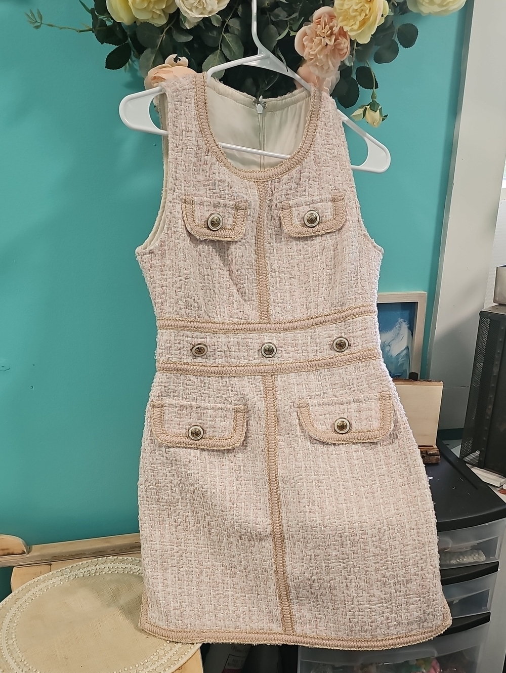 Sleeveless Tweed Pocket Dress in Blush Pink With Gold Thread Chanel Vibes Size S